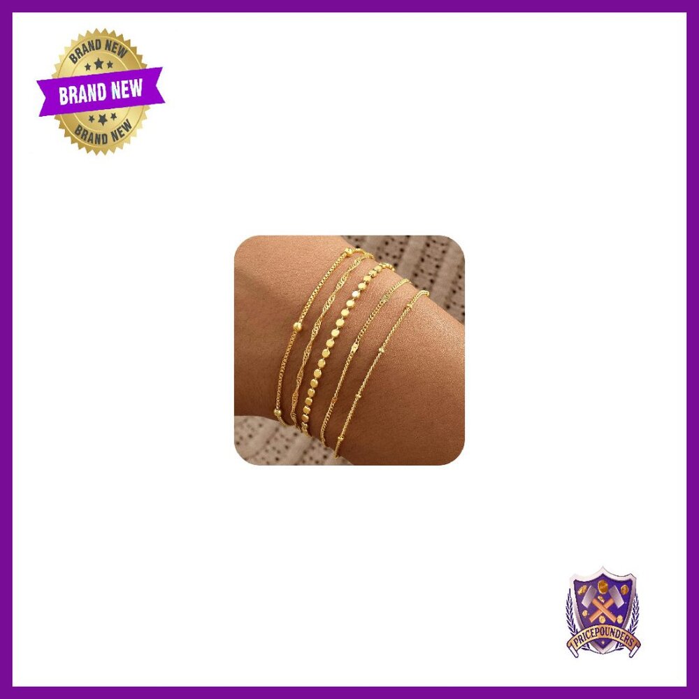 14k Gold Plated 5-Piece Adjustable Bracelet Set Stackable Layered